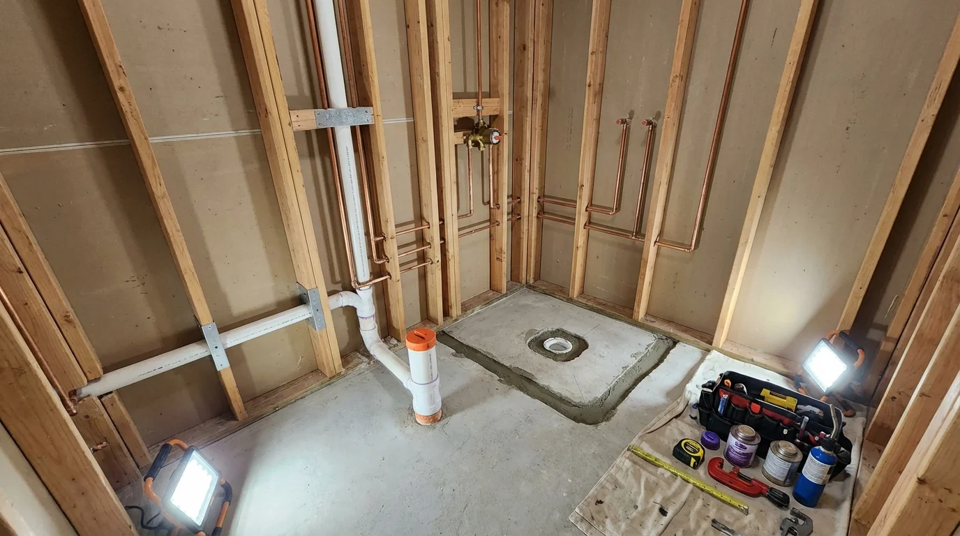 Bathroom rough-in plumbing during remodel by Johns Plumbing LLC in Hampstead