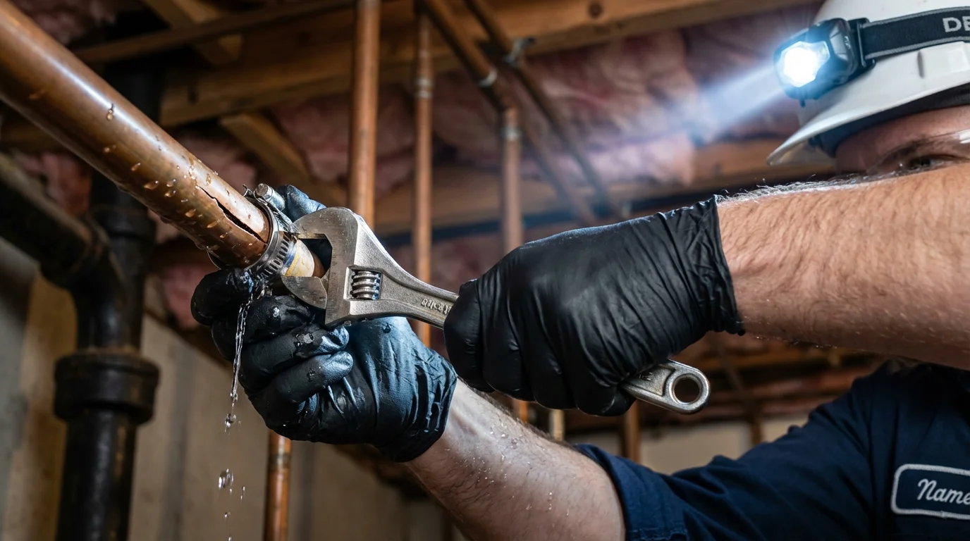 Emergency pipe clamp repair being performed by a Johns Plumbing LLC plumber in Hampstead