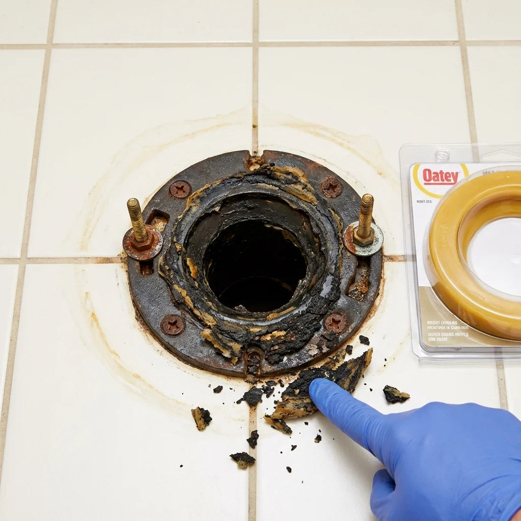 Failed wax ring showing water seepage at the base of a toilet in a Hampstead, NC home