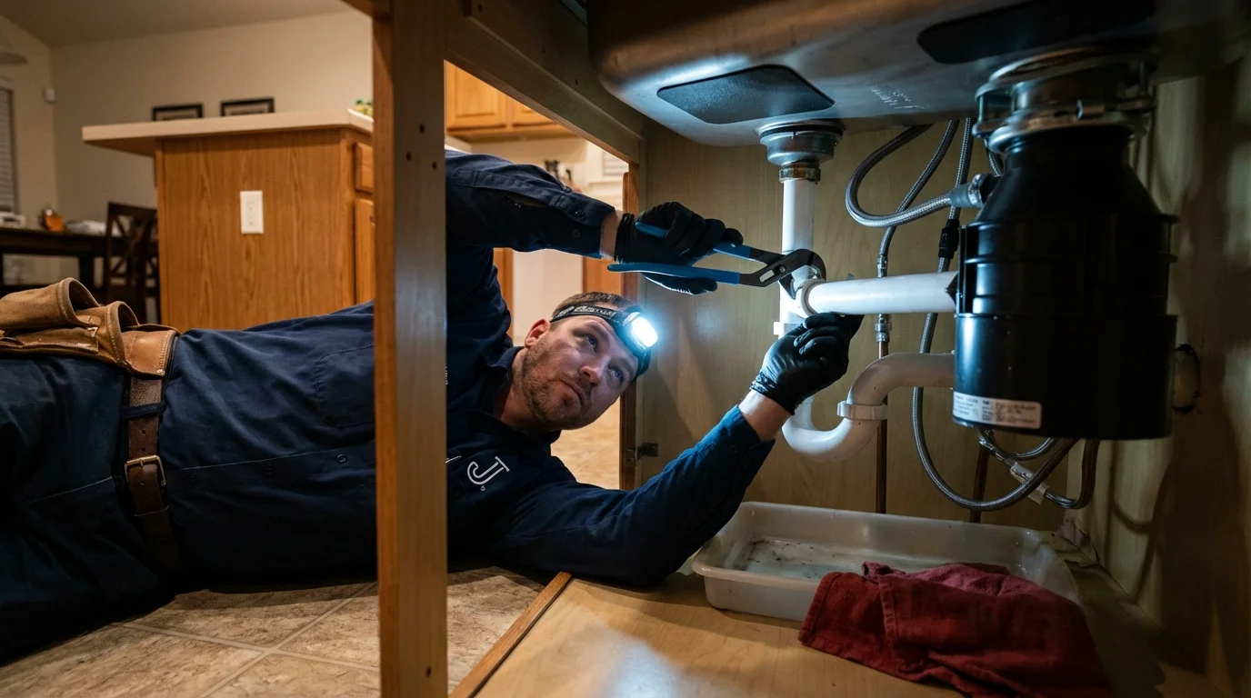 P-trap and supply line connections under a kitchen sink showing a common leak point in Hampstead, NC